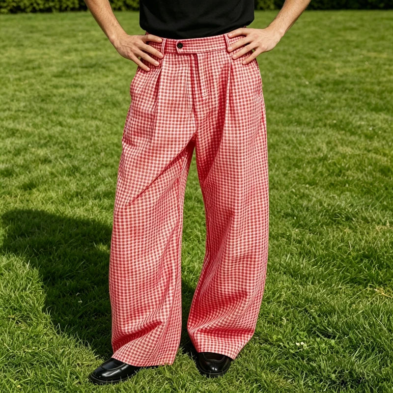 Kessoro Men's Wide-Leg Cotton Linen Plaid Trousers — view 4