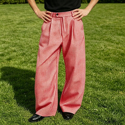 Kessoro Men's Wide-Leg Cotton Linen Plaid Trousers — view 4