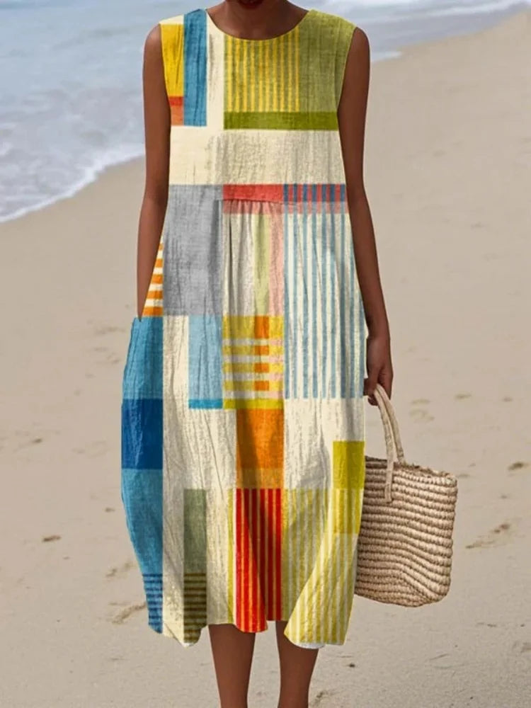 Women's sleeveless geometric print straight midi dress in yellow, orange, beige or black