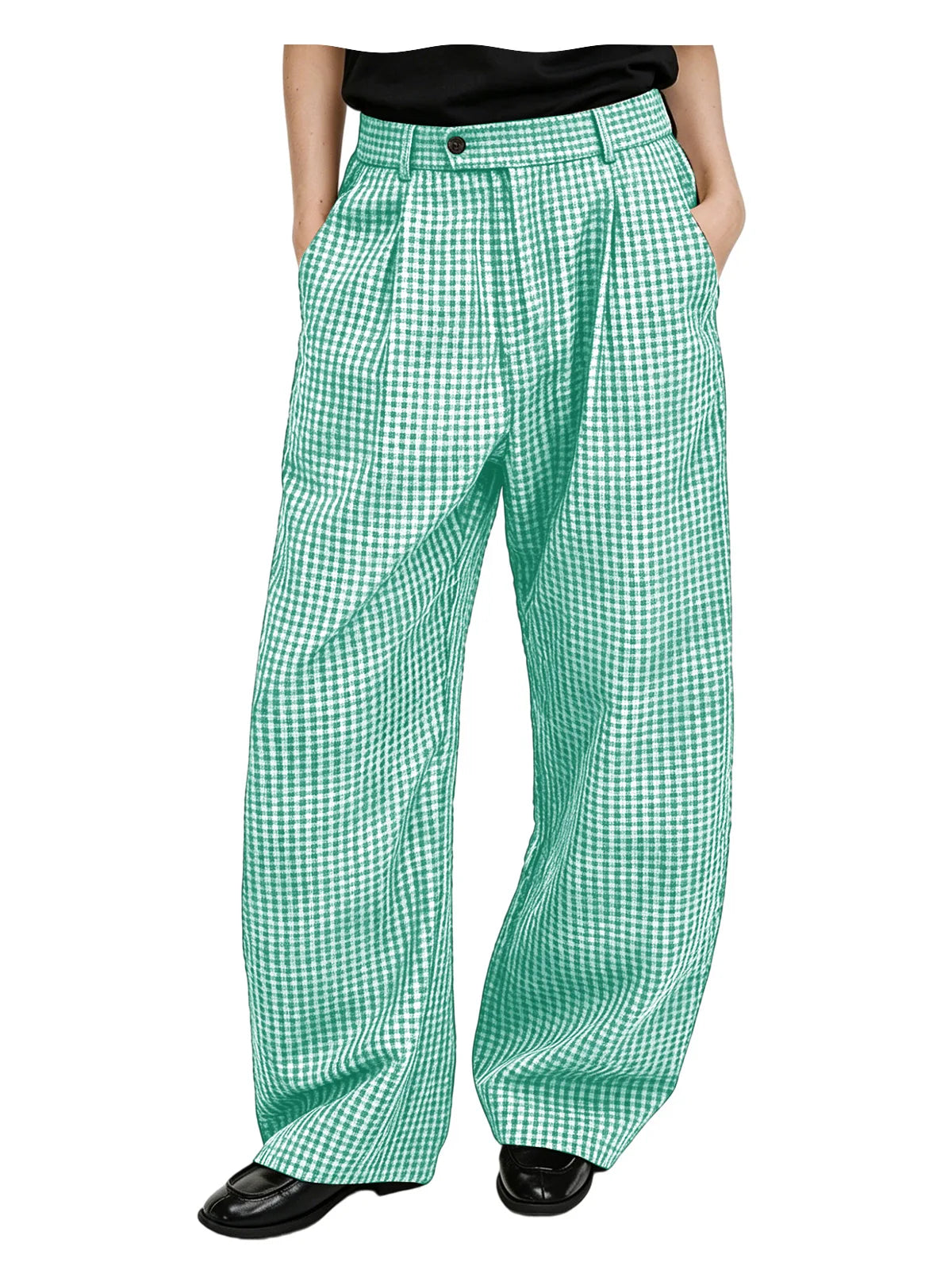 Men's wide-leg cotton linen plaid trousers, waistband detail