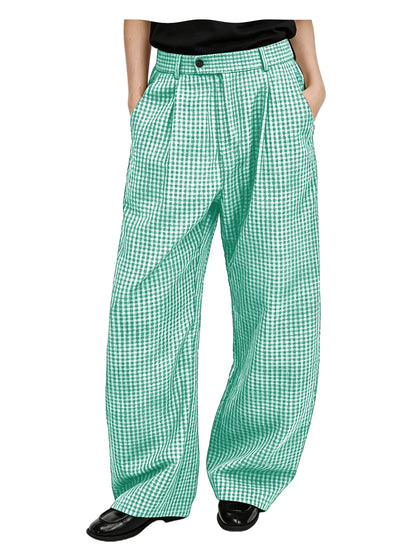 Men's wide-leg cotton linen plaid trousers, waistband detail