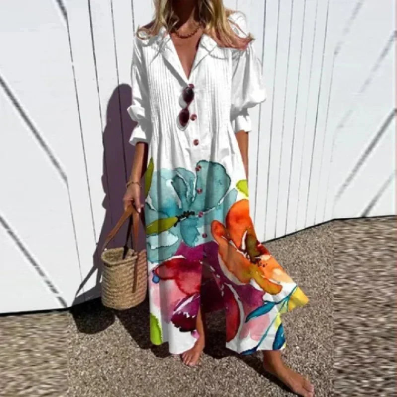 Women's flowing wide boho dress in multicolor, pink, red, light blue and white