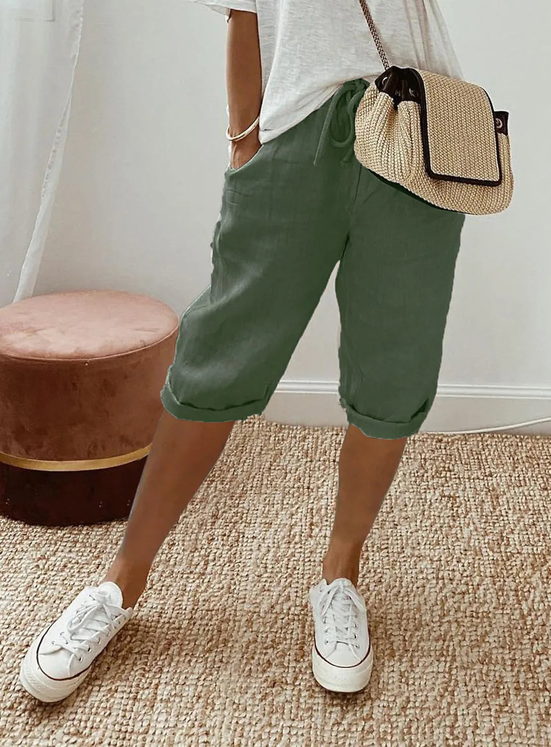 Women's cotton linen elastic-waist casual shorts, front view