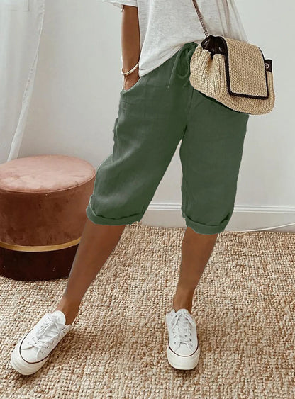 Women's cotton linen elastic-waist casual shorts, front view