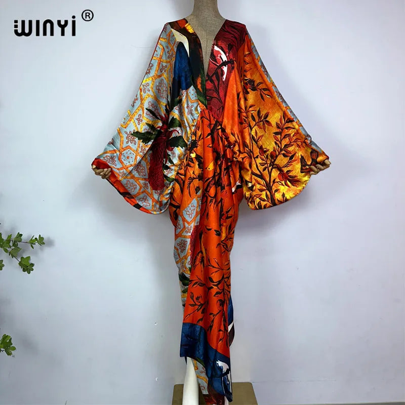 Kessoro Women's Printed V-Neck Long Beach Kimono Robe — view 4