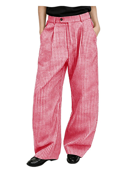Men's wide-leg cotton linen plaid trousers, back view