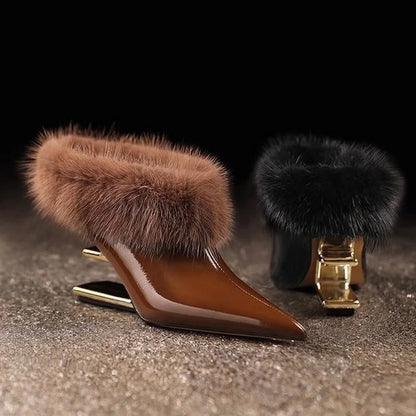 Women's pointed toe fur trim wedge heels in brown and black