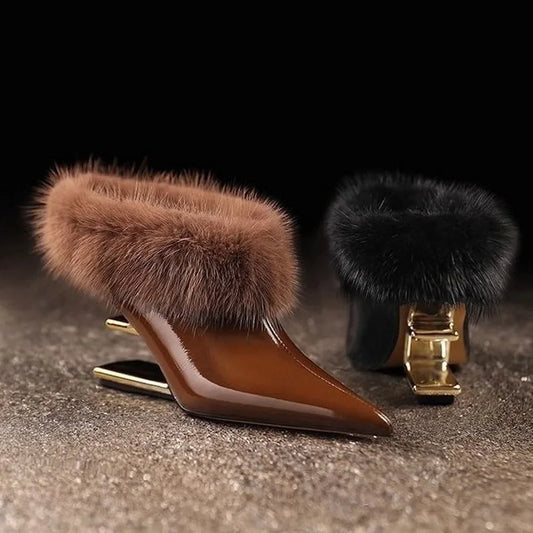 Women's pointed toe fur trim wedge heels in brown and black