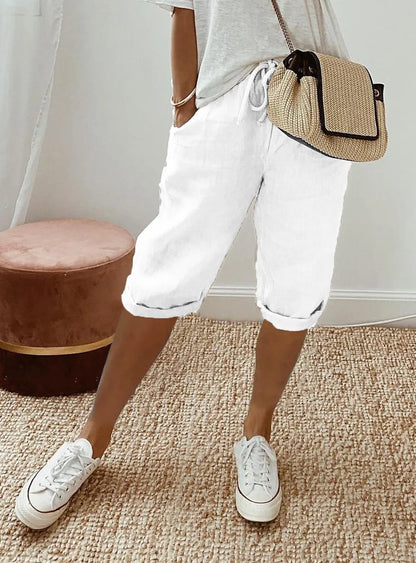 Women's cotton linen elastic-waist casual shorts, back view