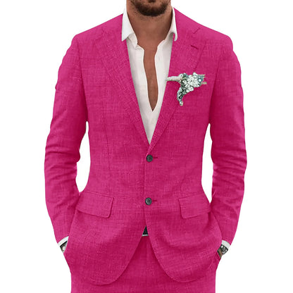 Men's slim-fit casual linen suit, linen fabric detail