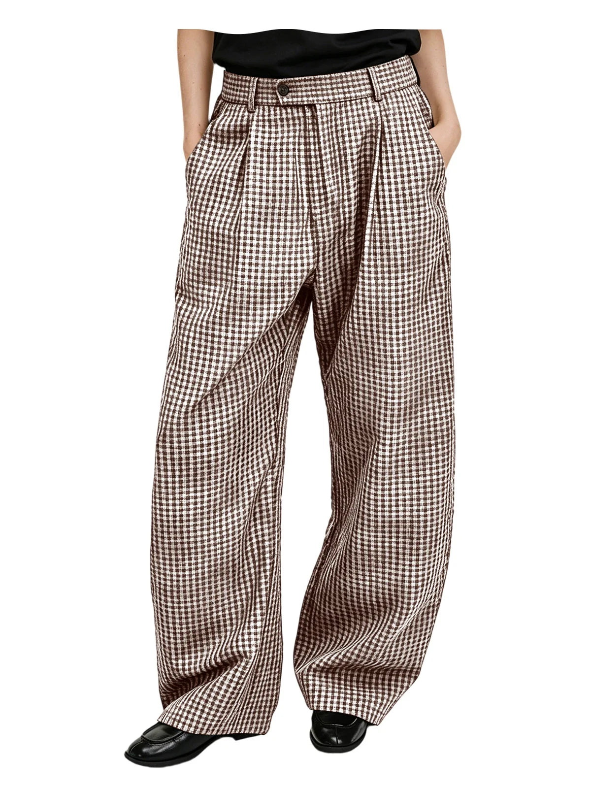 Kessoro Men's Wide-Leg Cotton Linen Plaid Trousers — view 10