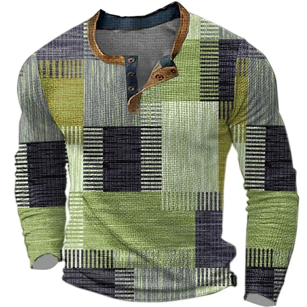 Kessoro men's multicolor patchwork long sleeve shirt in brown, blue, green and gray colorways - men's shirts