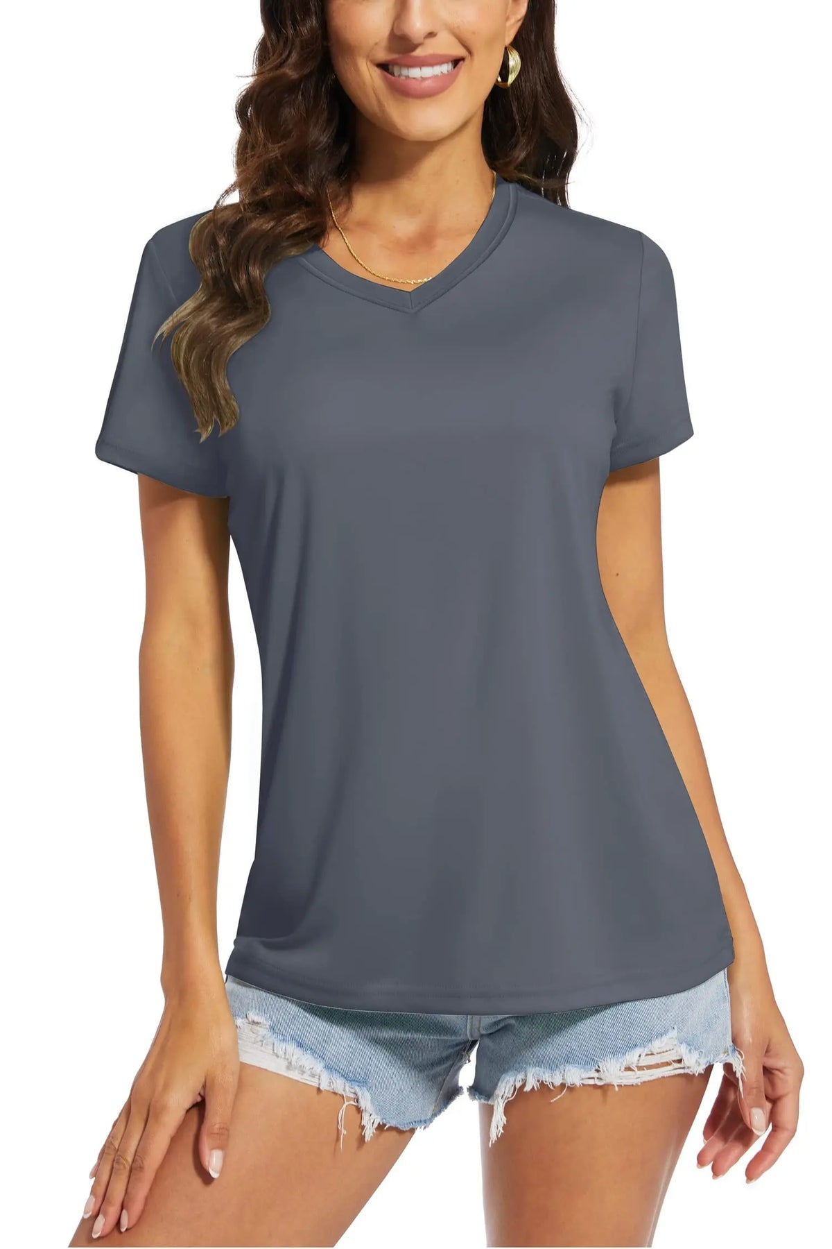 Women's quick-dry V-neck sun protection tee, back view