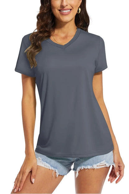 Women's quick-dry V-neck sun protection tee, back view
