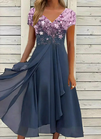 Kessoro women's floral flowing evening occasion dress in blue black, pink black, gold black, pink blue, silver blue and gold blue
