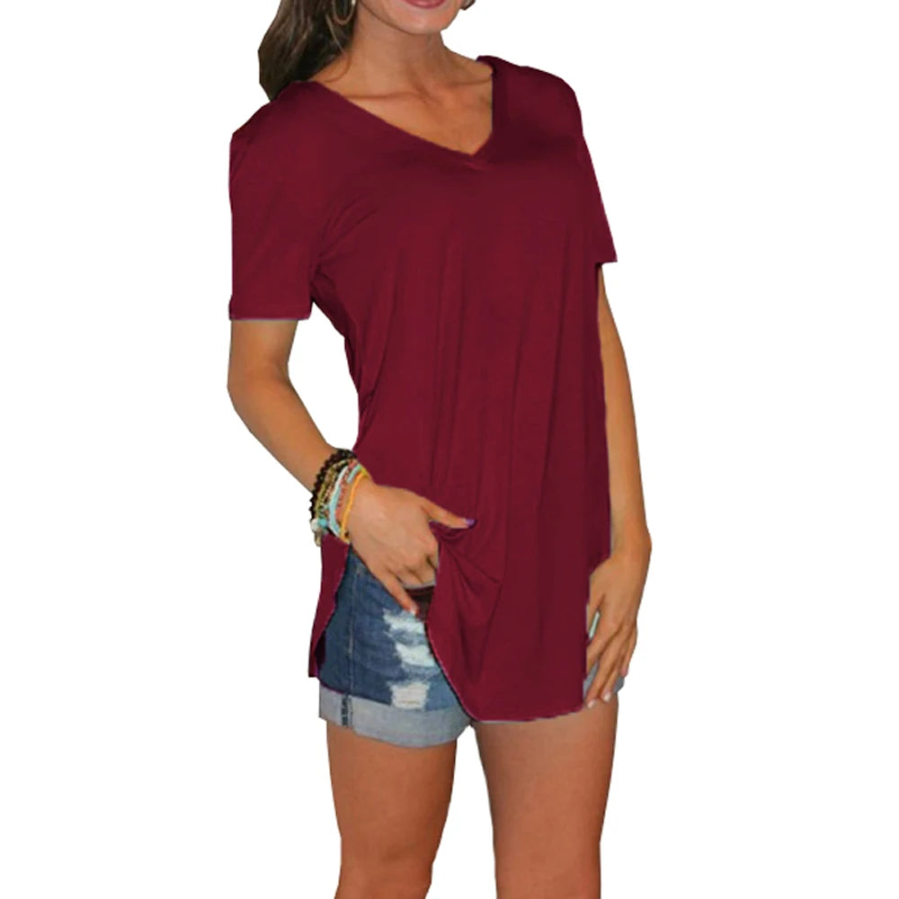 Women's solid short-sleeve blouse, worn