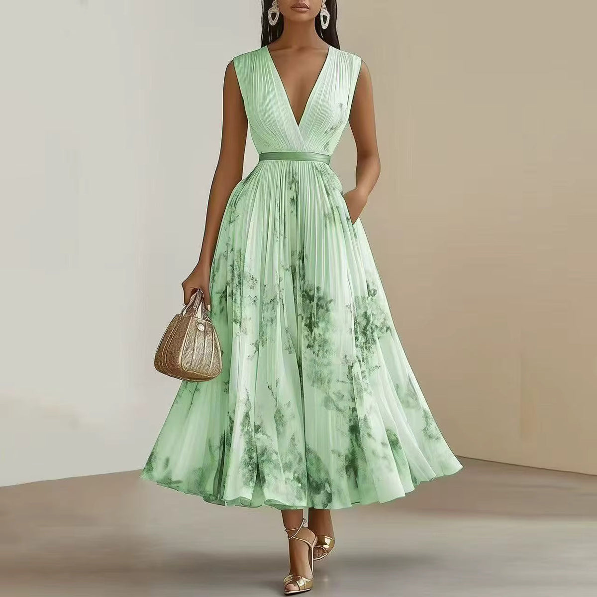 Kessoro women's pleated V-neck tie-waist maxi dress in pastel colourways