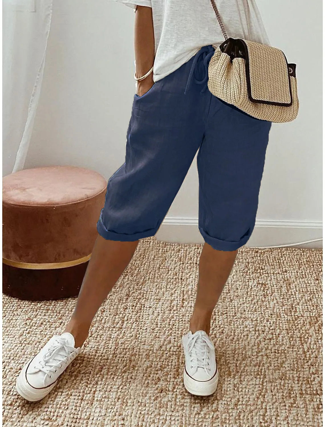Kessoro Women's Cotton Linen Elastic-Waist Casual Shorts — view 8