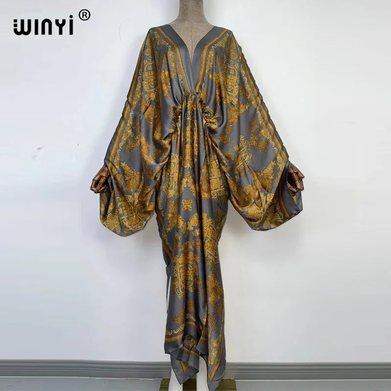 Women's printed V-neck long beach kimono robe, front view on model