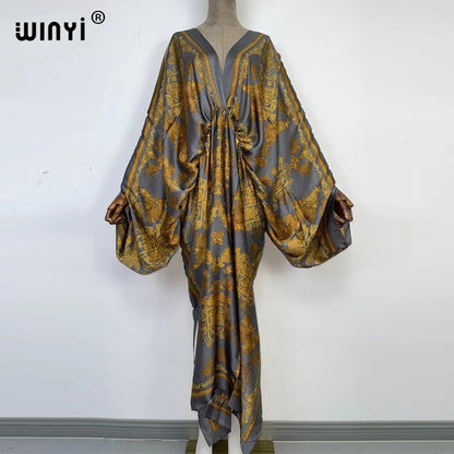 Women's printed V-neck long beach kimono robe, front view on model