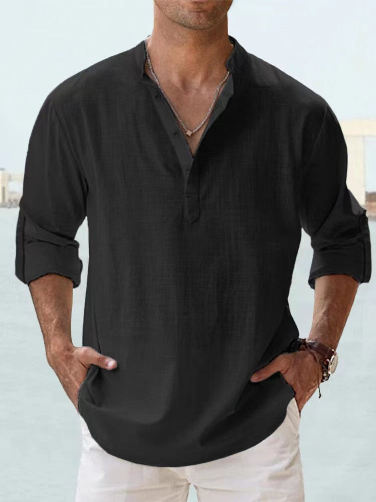 Men's breathable tailored button-up shirt in a neutral and pastel colour range, shown for menswear styling