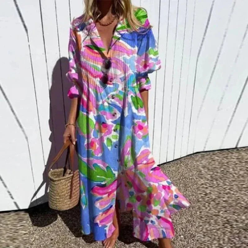 Women's flowing wide boho dress in multicolor, pink, red, light blue and white