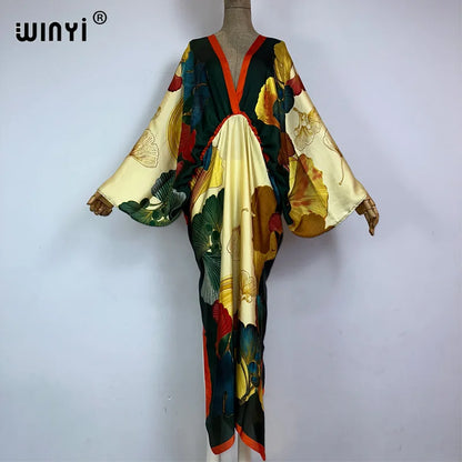 Women's printed V-neck long beach kimono robe, back view on model