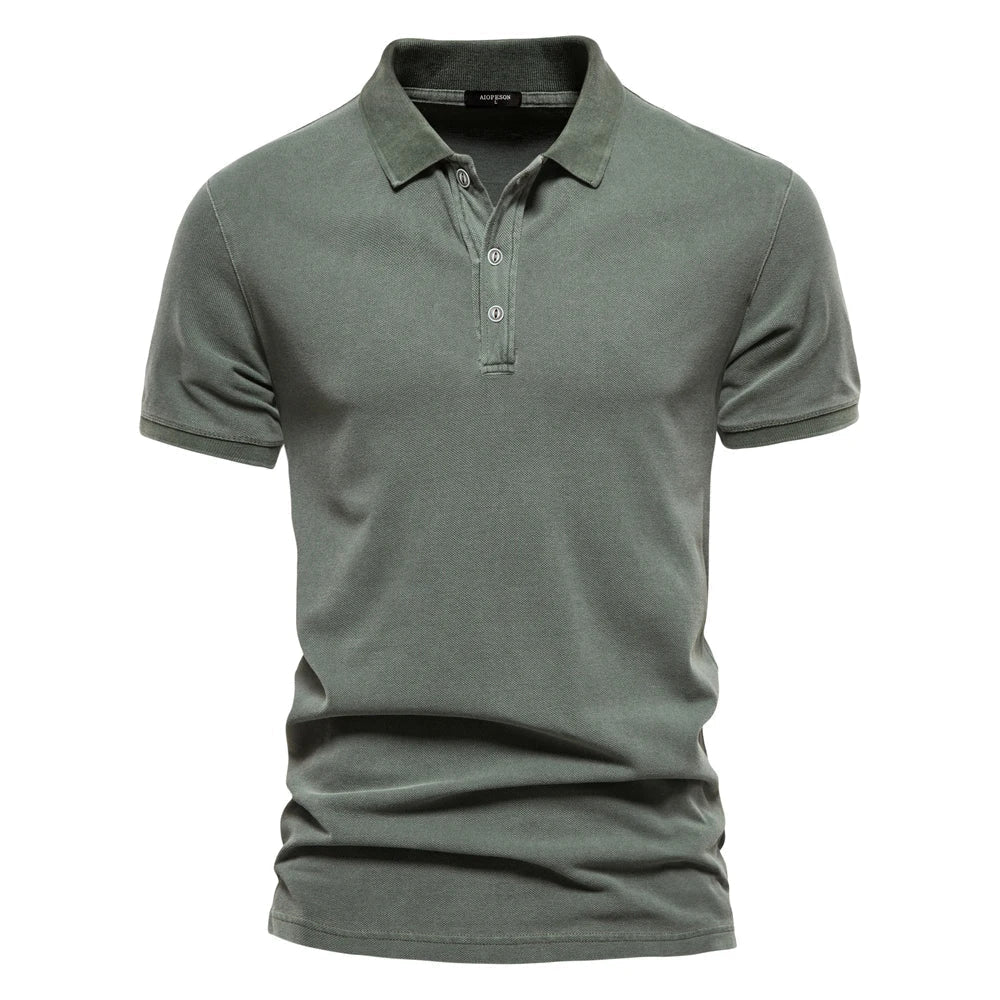 Men's classic everyday short sleeve polo shirt in dark grey, dark blue and green, shown for menswear styling