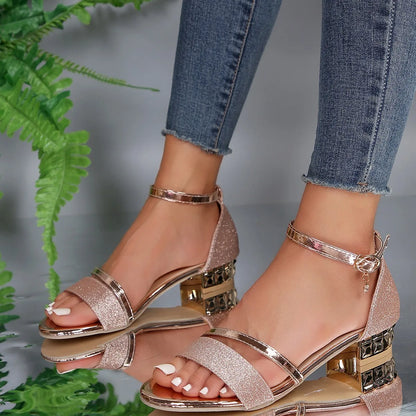Women's elegant ankle-strap block-heel sandals in a metallic finish