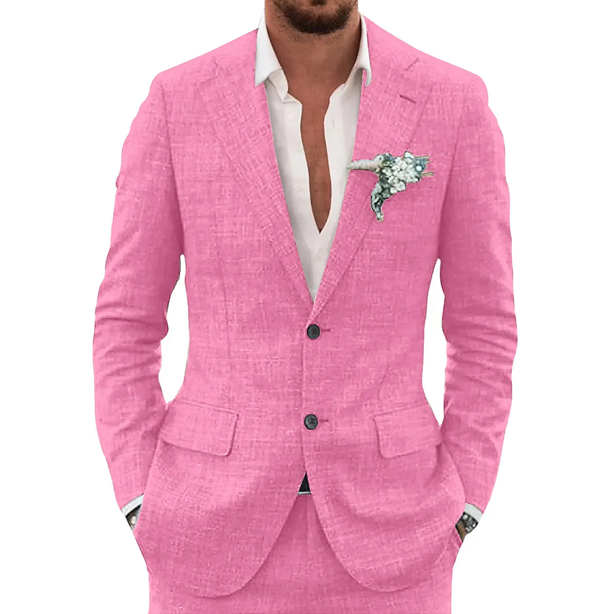 Men's slim-fit casual linen suit, back view