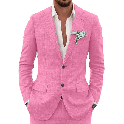 Men's slim-fit casual linen suit, back view