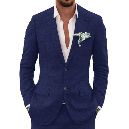 Men's slim-fit casual linen suit, worn