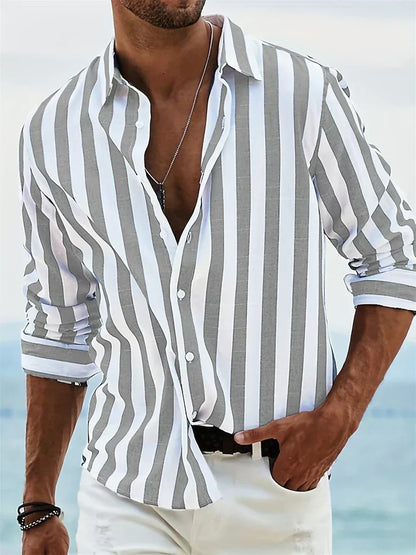 Kessoro men's vertical striped relaxed-fit casual shirt in pink, black, light grey, blue and red
