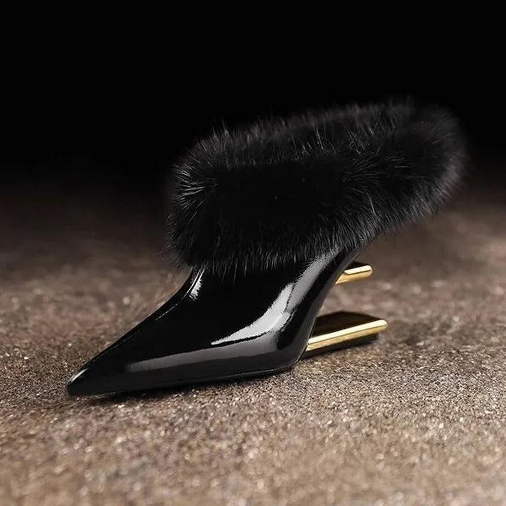 Women's pointed toe fur trim wedge heels in brown and black
