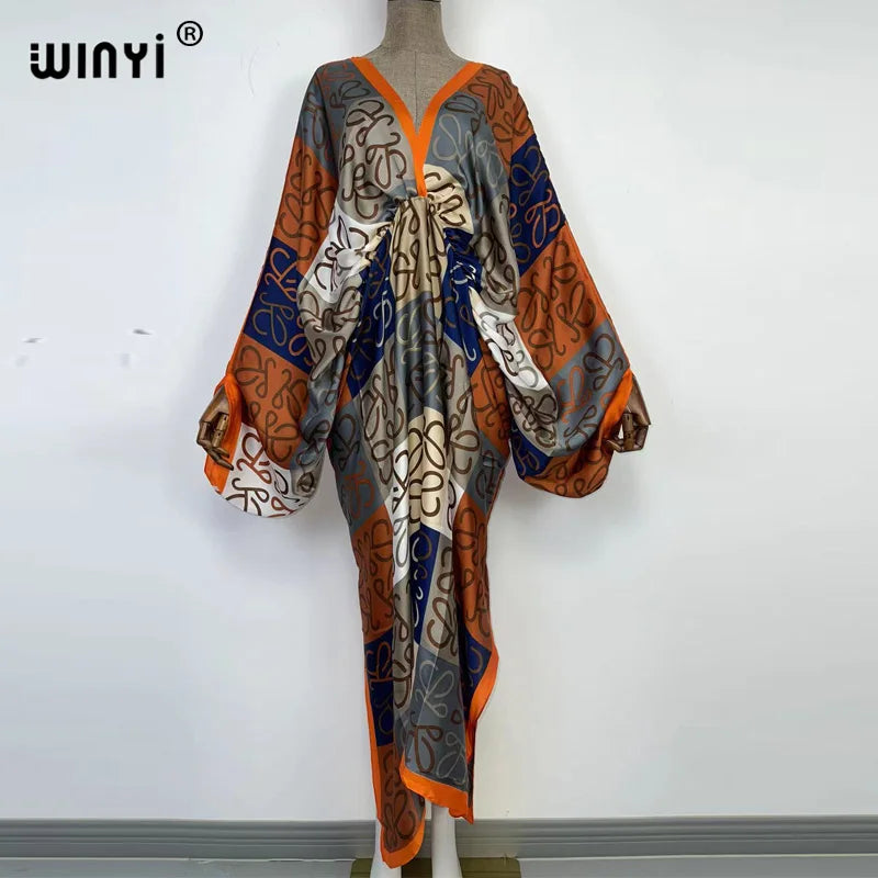 Women's printed V-neck long beach kimono robe, close-up detail