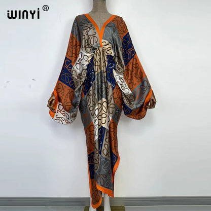 Women's printed V-neck long beach kimono robe, close-up detail