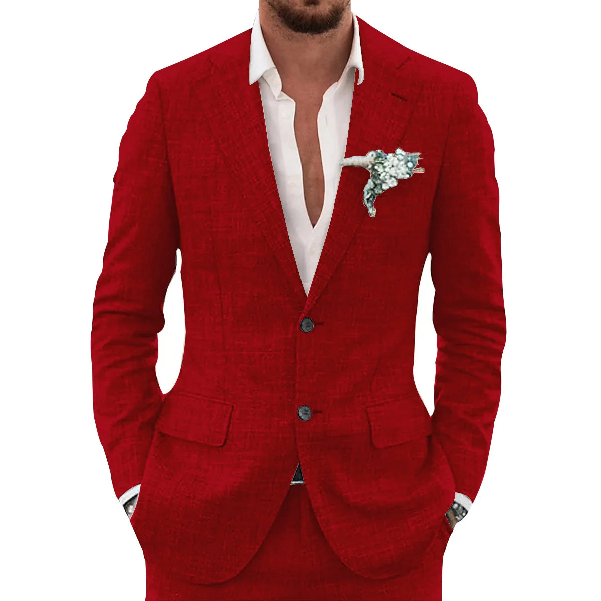 Men's slim-fit casual linen suit, front view