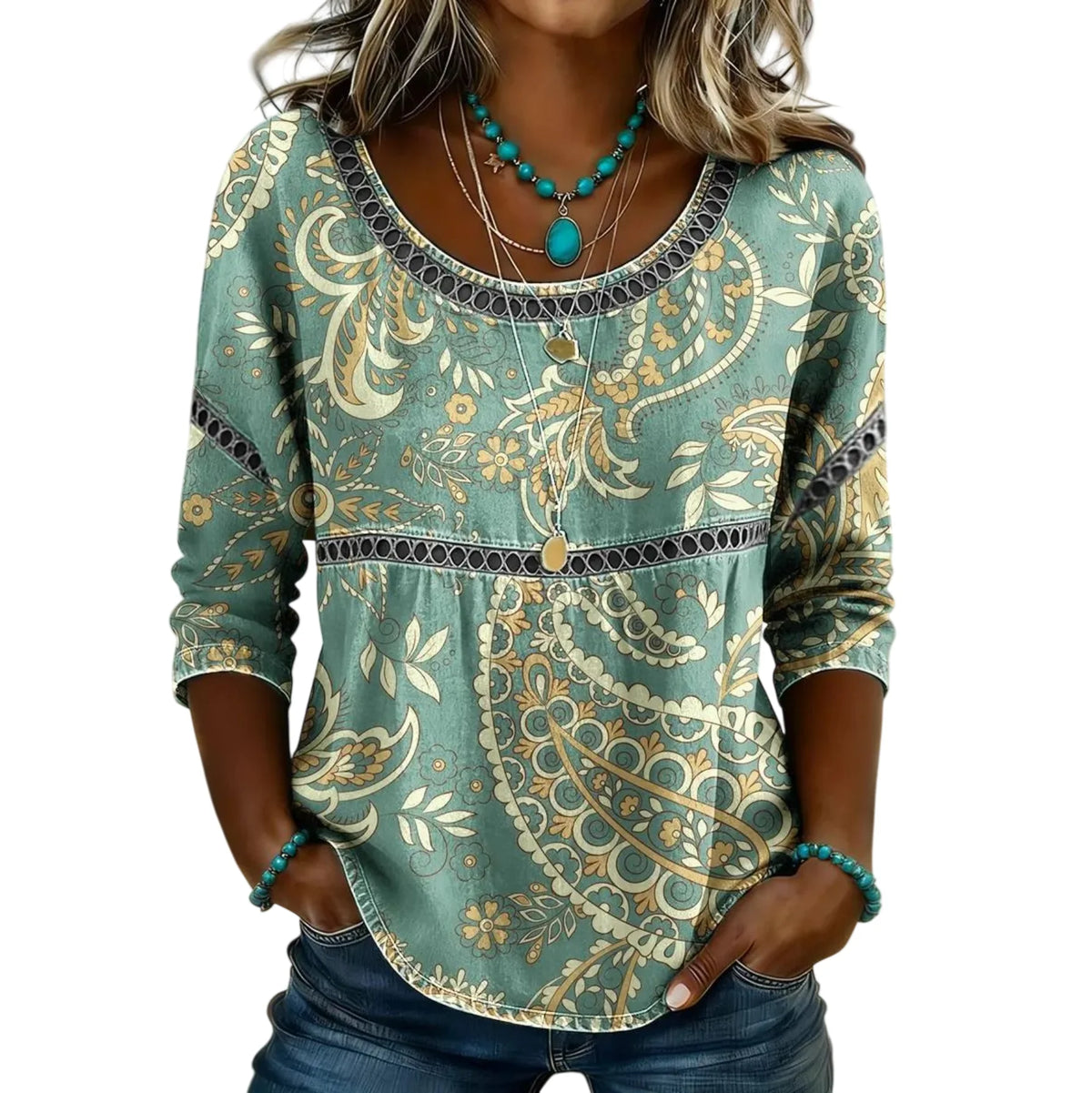 Kessoro Women's Paisley Three-Quarter Sleeve Tunic Blouse — view 2