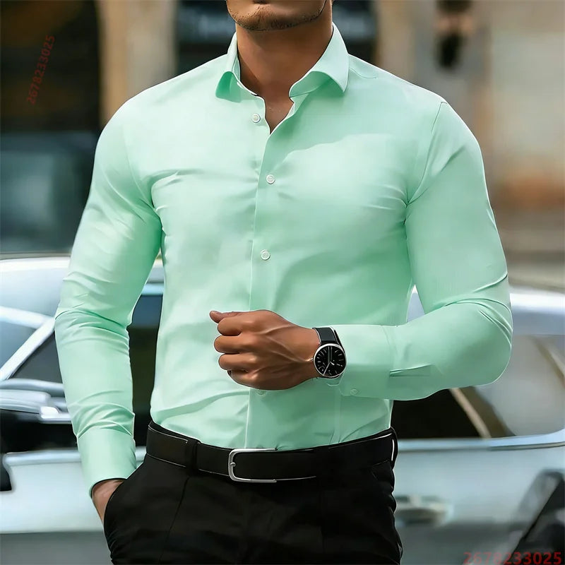 Men's long-sleeve solid business casual shirt, hem detail