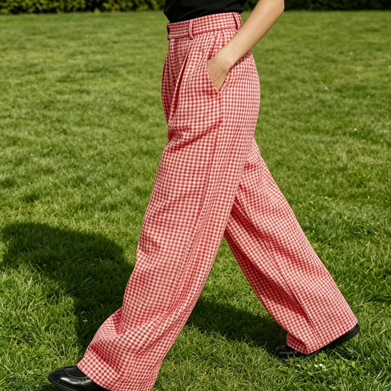 Kessoro Men's Wide-Leg Cotton Linen Plaid Trousers — view 7