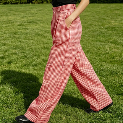 Kessoro Men's Wide-Leg Cotton Linen Plaid Trousers — view 7