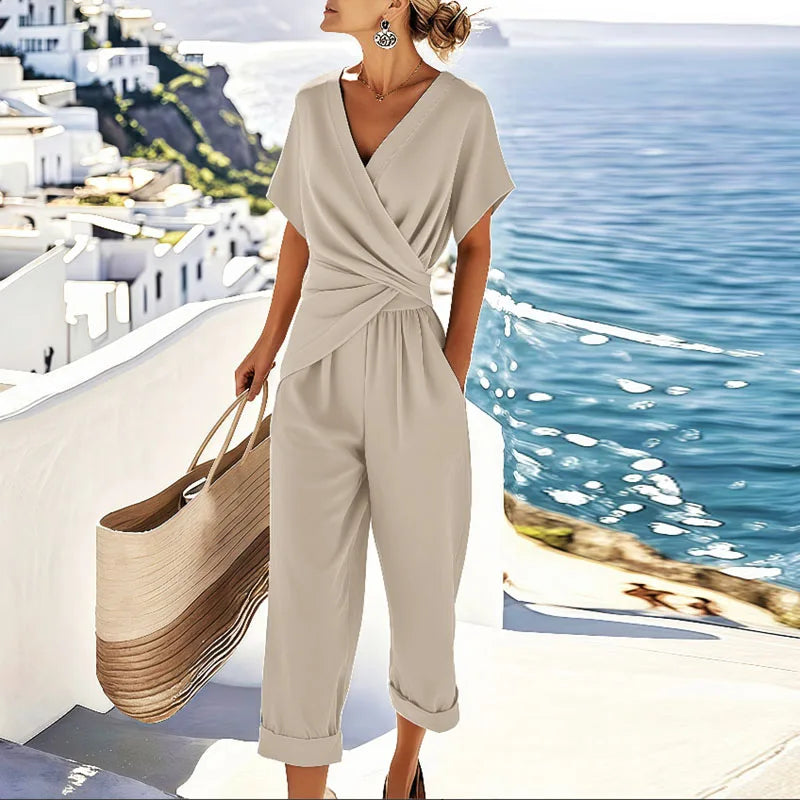 Women's two piece set with a wrap front top and cropped trousers in apricot, blue and khaki