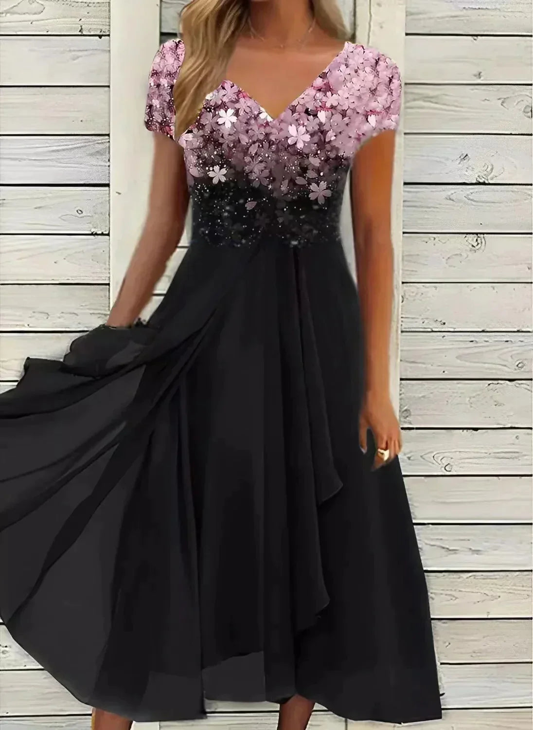 Kessoro women's floral flowing evening occasion dress in blue black, pink black, gold black, pink blue, silver blue and gold blue