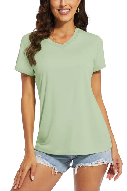 Women's quick-dry V-neck sun protection tee, folded flat lay