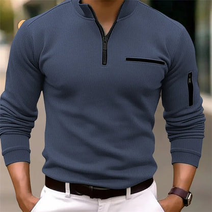 Men's classic quarter-zip knit sweater with arm pocket