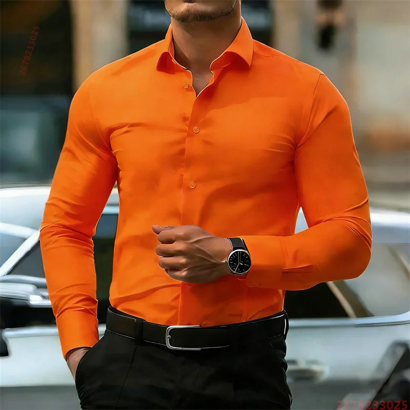 Men's long-sleeve solid business casual shirt, three-quarter view