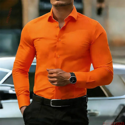 Men's long-sleeve solid business casual shirt, three-quarter view