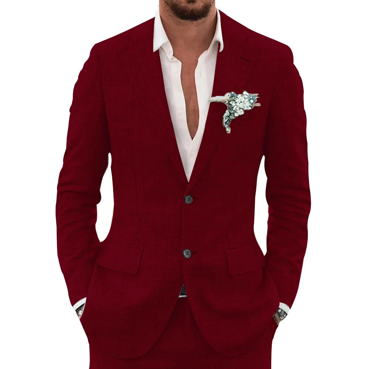 Men's slim-fit casual linen suit, flat lay