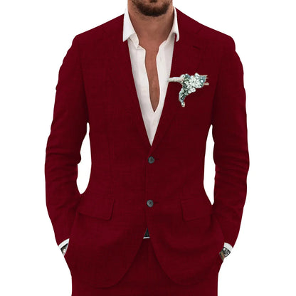 Men's slim-fit casual linen suit, flat lay