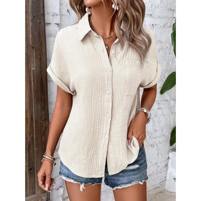 Women's short-sleeve cotton collared blouse, back view